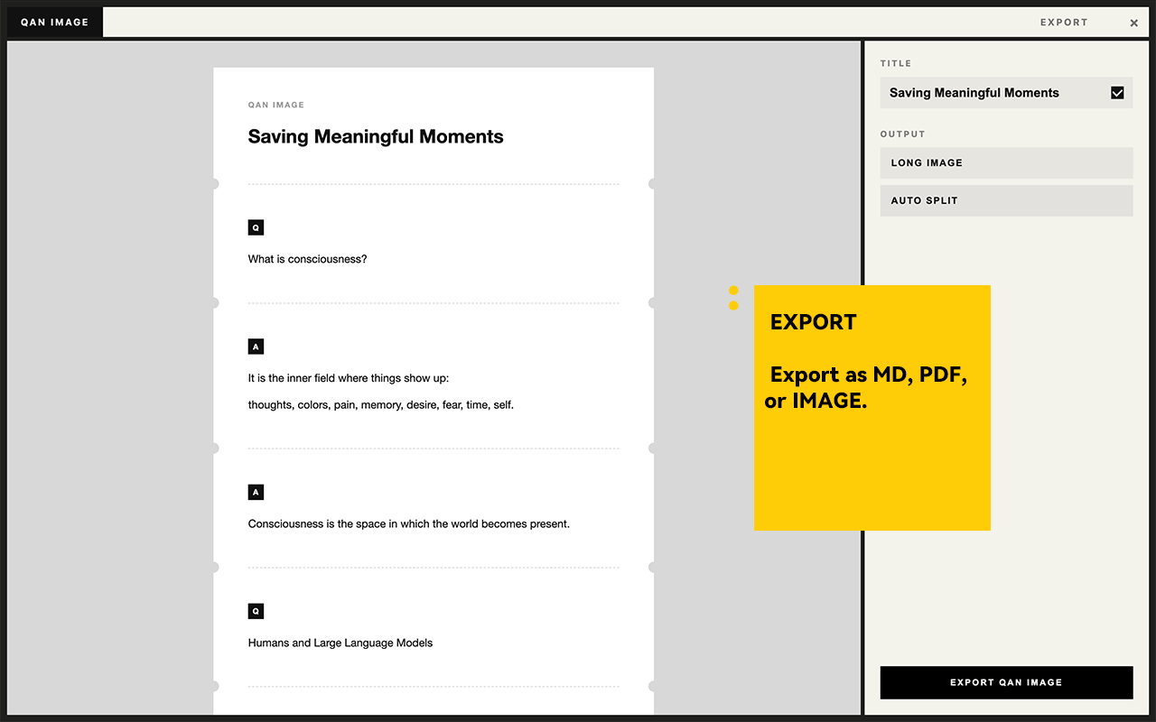 Export view showing MD, PDF, and image export options