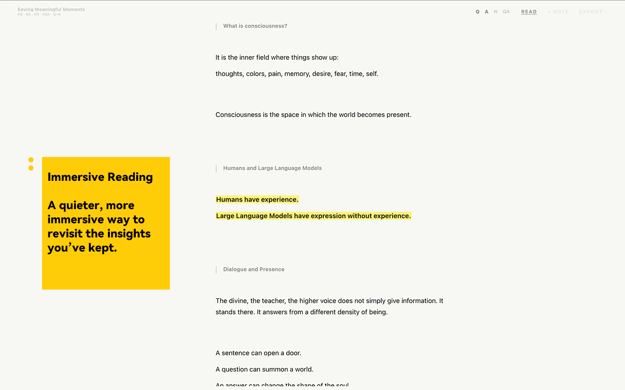 Immersive reading view showing saved moments in a quiet reading layout